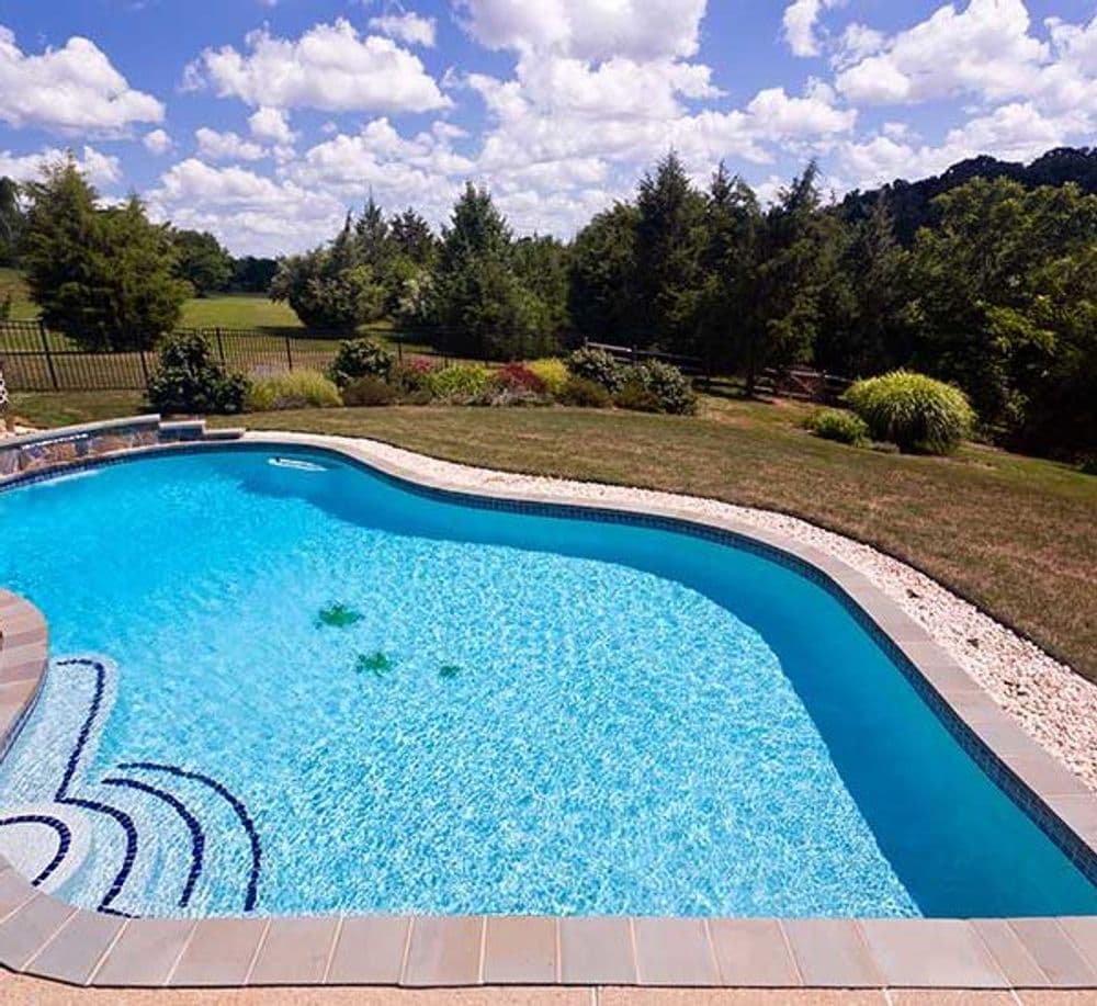 Clear blue swimming pool bordered by landscaping under a bright sky with fluffy clouds.